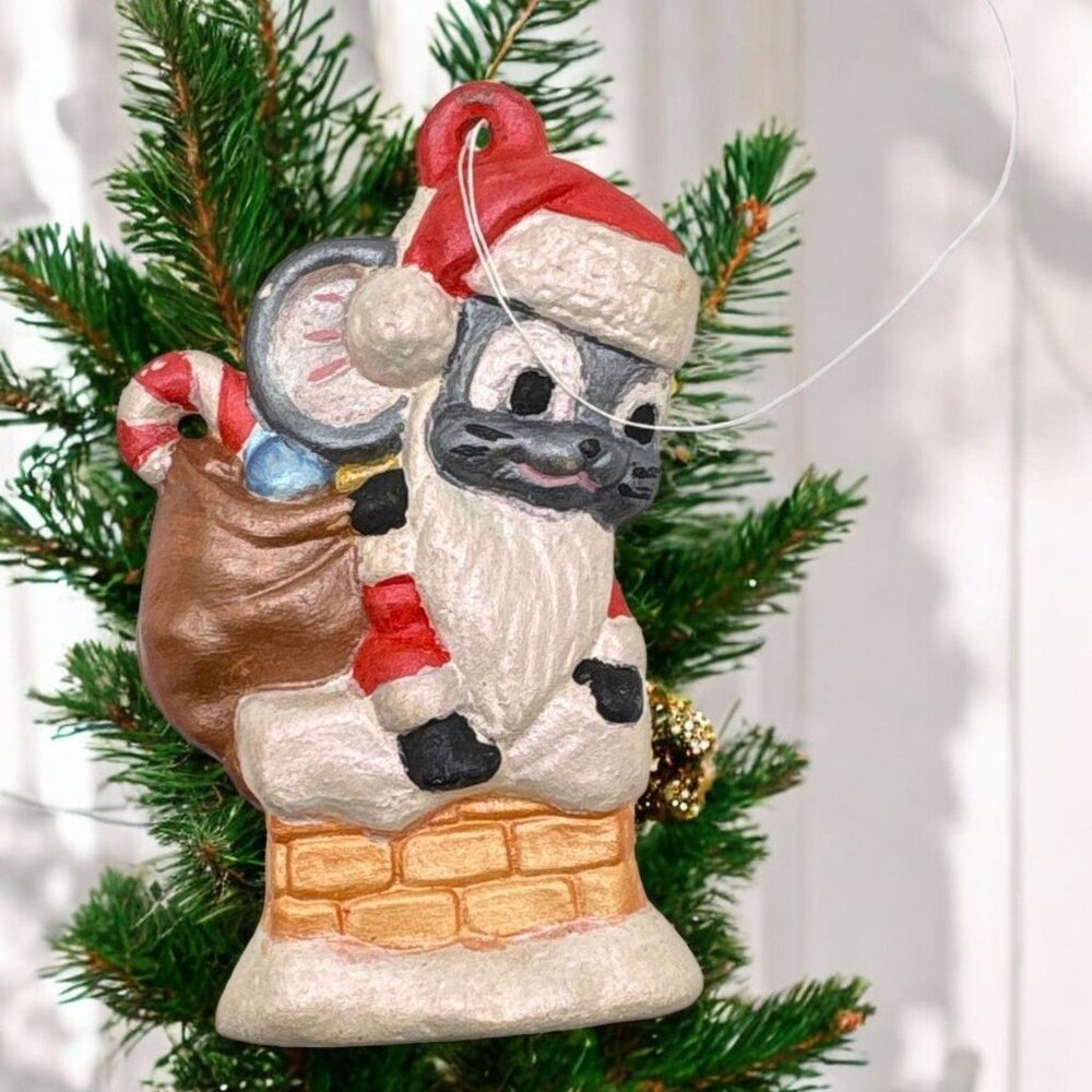 Vintage Santa Claus Mouse Christmas Ornament Stuck in Chimney Hand Painted